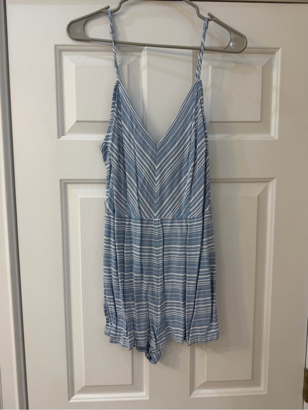 BB Dakota Light Blue and White Striped V-Neck One-Piece Romper